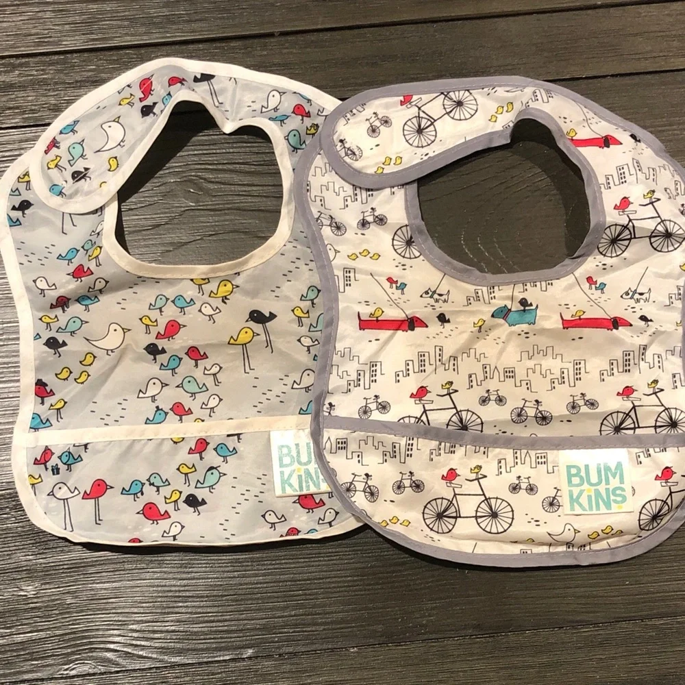 Bumkins Baby Bibs in White with Multicolor Bird & Bicycle Prints - Set of 2